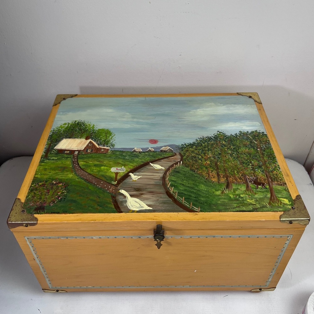 Vintage Tole Hand‎ Painted Wooden Storage Trunk Folk Art Chest Geese Signed 1989
